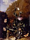 Otto Paintings - Still Life Of A Thistle And Other Flowers Surrounded By Moths, A Dragonfly, A Lizard, And A Snake, In A Landscape by Otto Marseus Van Schrieck